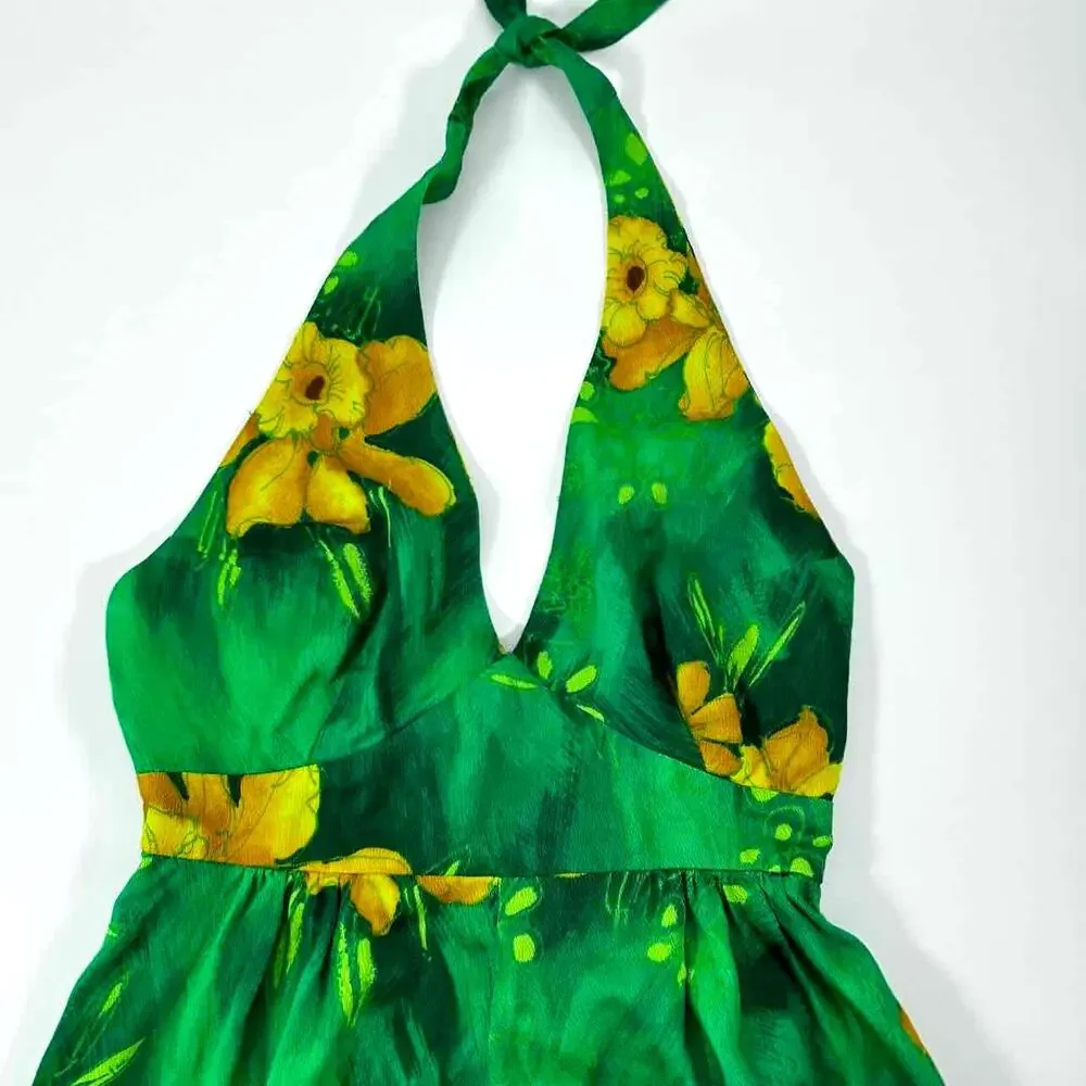 Vintage 70s Green & Yellow Hawaiian Print Halter Maxi Dress - Size S - Picture 3 of 9